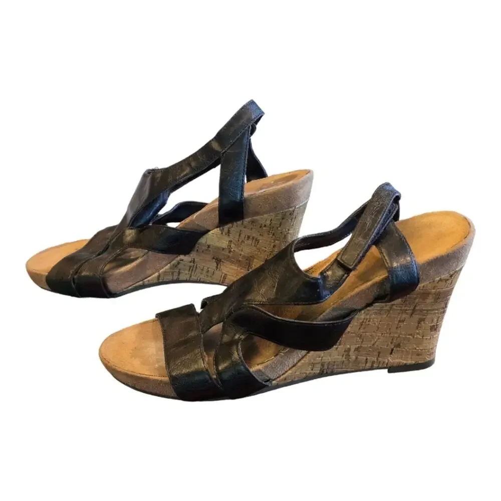 Women's Black Strappy‎ Leather Wedge Sandals Size 10
